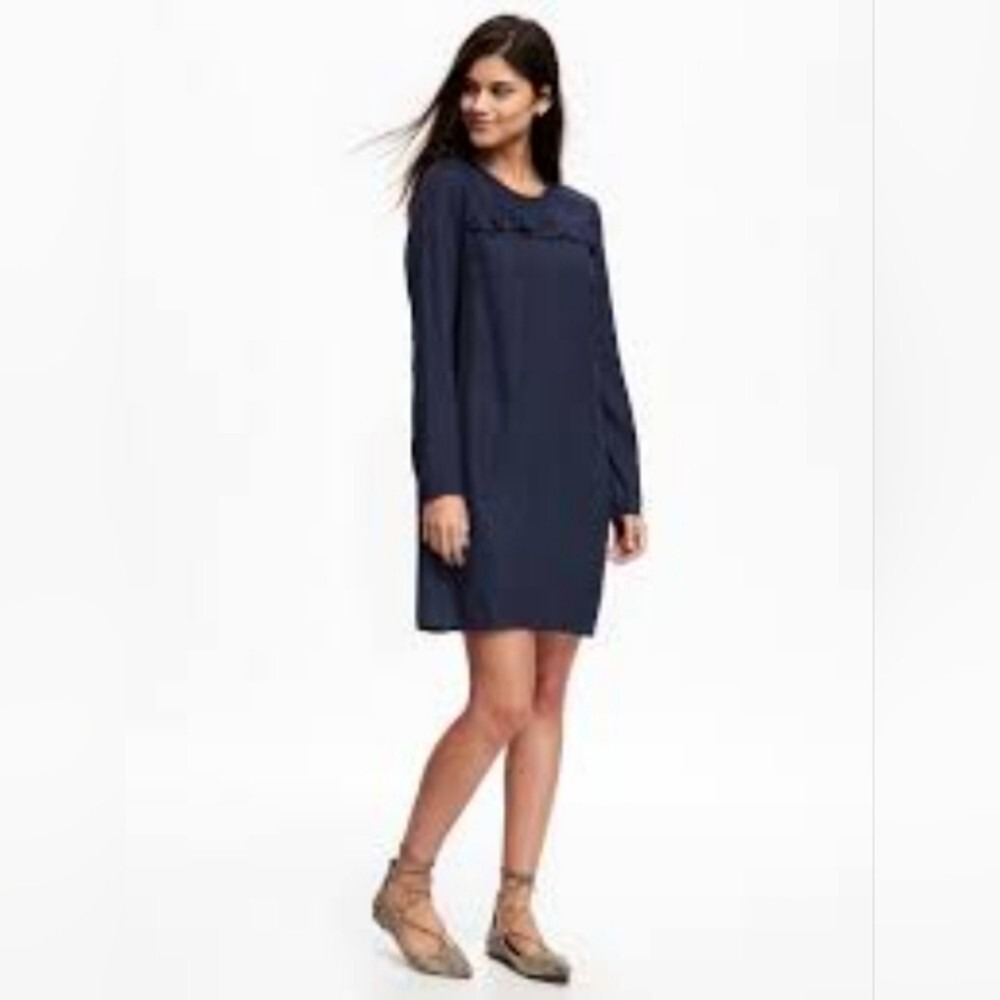 Old Navy Womens Navy Blue Long Sleeve Ruffle‎ Front Shift Dress S